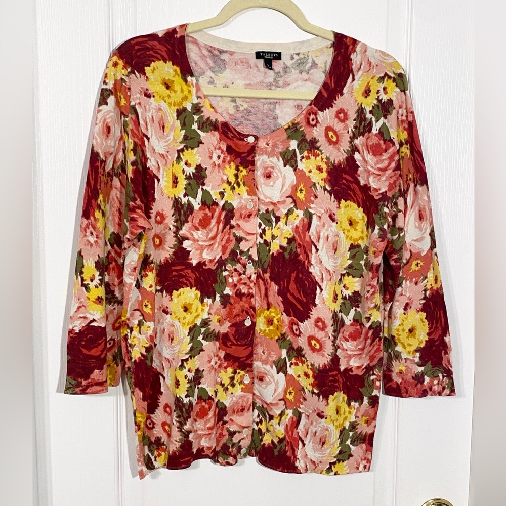 Talbots SILK Cotton Floral Knit 3/4 Sleeve Button Down Cardigan Size Large